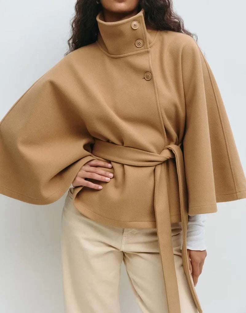 Casual Y2K Coats Women's Autumn Winter New Fashion Solid Color Cloak Stand Collar Button Belt Windbreaker Jacket Women Clothes | Color:Khaki