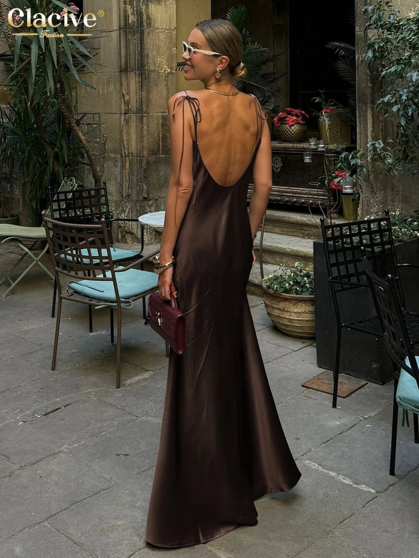 Clacive Fashion Loose Brown Satin Womens Dresses 2025 Summer Strap Sleeveless Floor Length Dress Sexy Backless Female Dress | 2