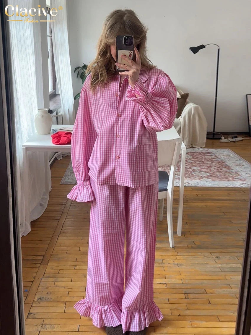 Clacive Fashion Loose Plaid Cotton Women's 3 Pieces Set 2025 Elegant Long Sleeve Shirt With High Wiast Wide Pants Set Female | Color:Pink