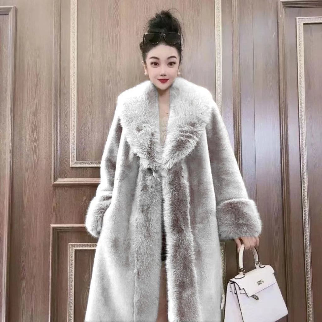 Faux Fur Coats Women Long Coat Thick Warm Turn Down Collar Open Stitch Spring Outerwear Jackets Elegant Splice Autumn Winter | Color:gray