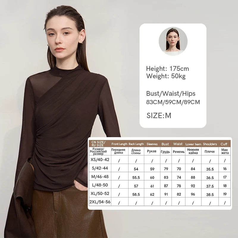 AMII T Shirts Women 2025 Autumn New O-Neck Slim Versatile Lady Knitted Tops Long Sleeve Sexy See-through Mesh T-shirt 12543162 | Color:Brown T-shirt