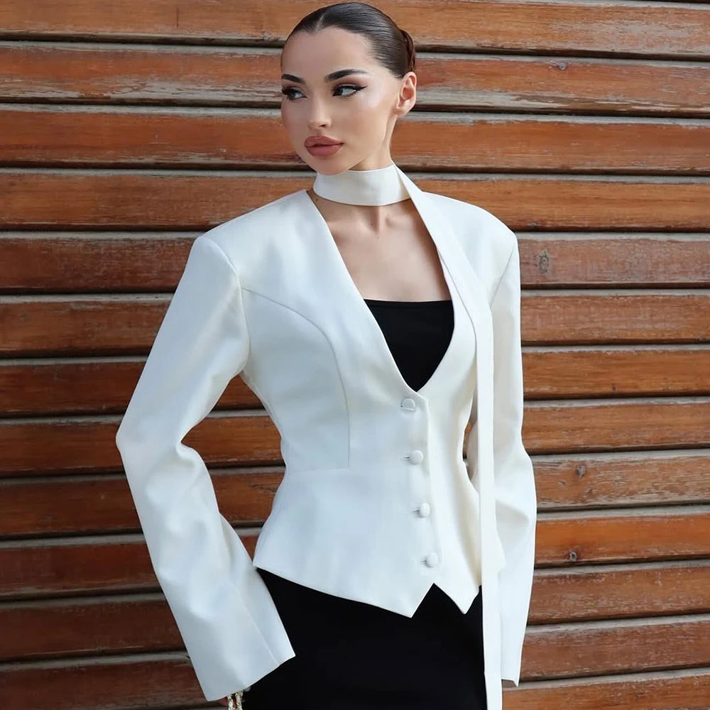 Tuularose Single Breasted Coat Women's V Neck Scarf With Long Sleeve Waist-Cinching Blazer Jacket Lady Casual Slim Commute Coat | 4