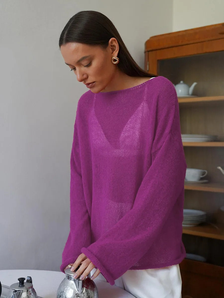 Talenza Hollow Knitted Sweater Pullover Women's Solid See-through O-Neck Long Sleeve Knitted T-Shirt Loose Casual Pullover 2025 | Color:Purple