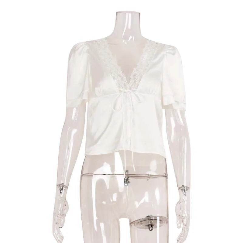 Tuularose Elegant Lace T-Shirt Female Sexy V-Neck Lace Patchwork Lace-up Short Top Summer Fashion Luxury Party Look Top Women | Color:WHITE