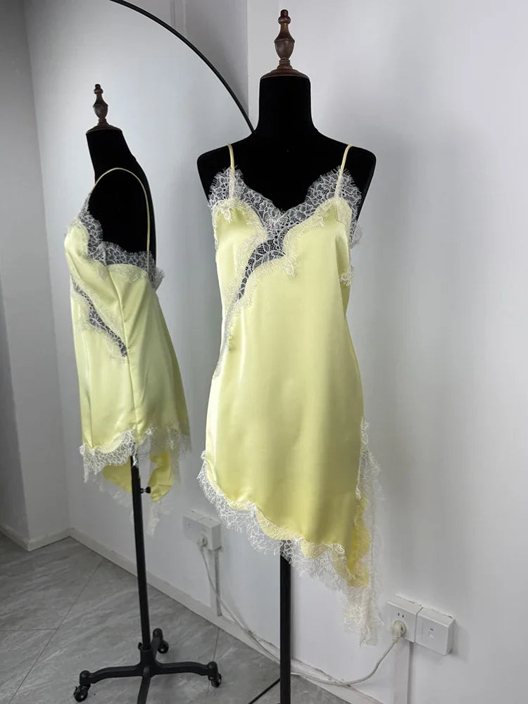 Tuularose Sexy Lace Tank Top Women Solid Lace Patchwork Asymmetrical Camis Top Summer Streetwear Party Outfit Vacation Women Top | Color:Yellow Dress
