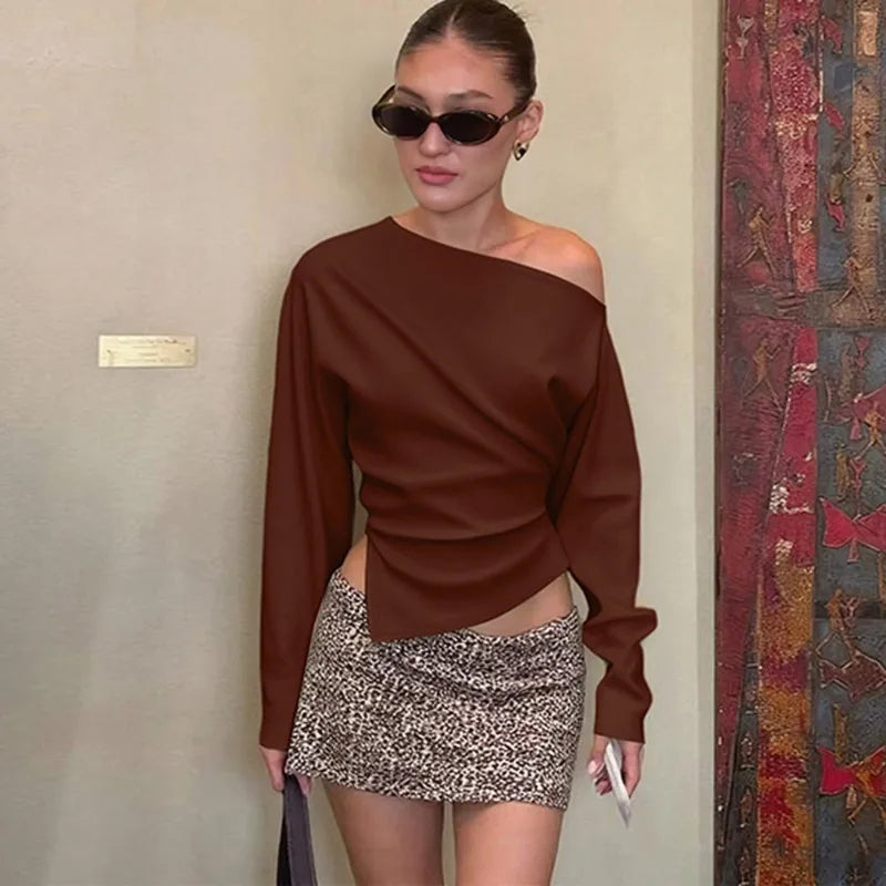 Talenza Women Casual Top Fashion Slim Slit Long Sleeve Pullover Top Sexy Strapless Pleated New Party Looks Top Female Streetwear | Color:Brown