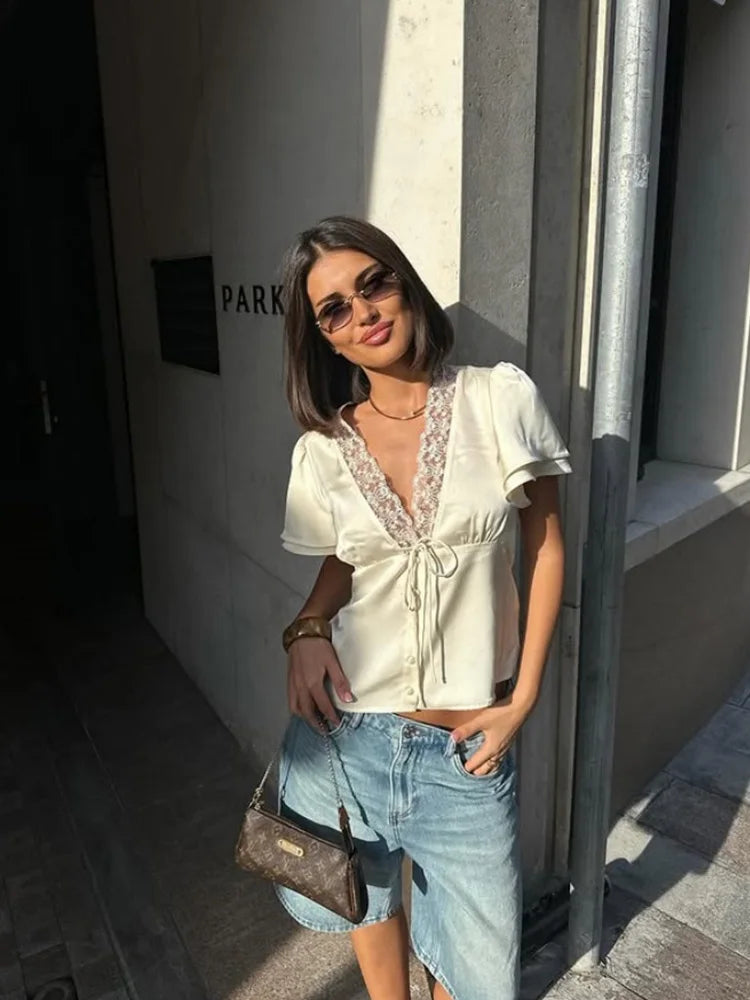 CNYISHE Lace Patchwork Solid Short Sleeve Tops for Women V Neck Sheath Fashion Tees Female Sexy Club T-shirts Elegant Casual | Color:Apricot