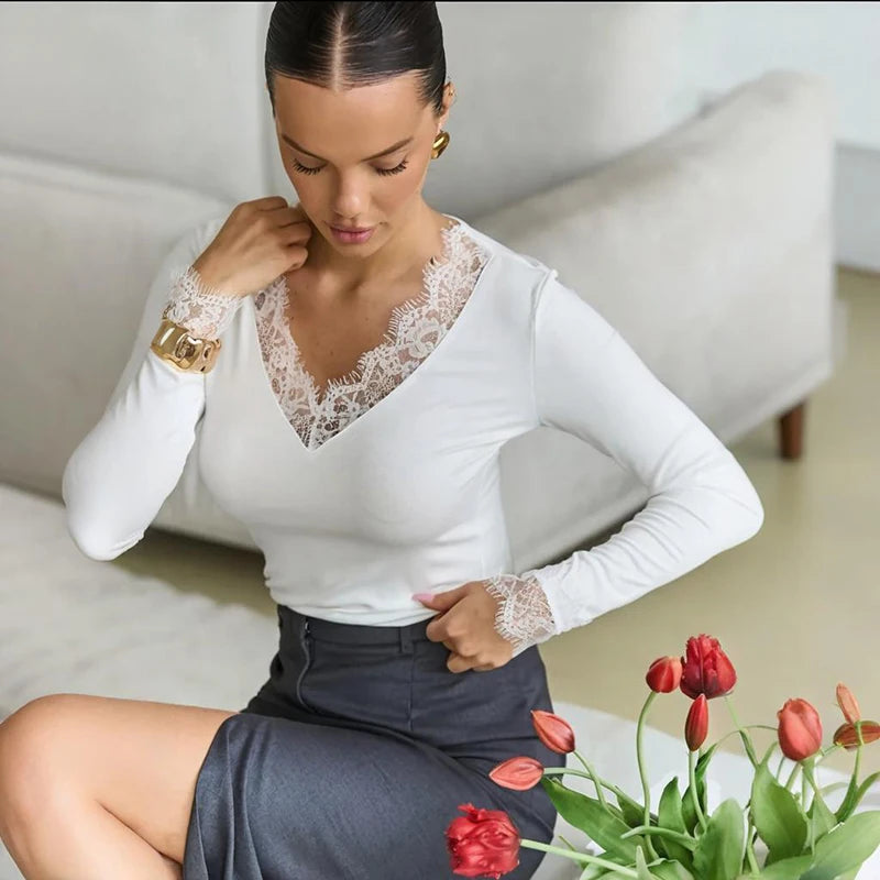 Tornova V neck Lace T shirt Top Women Sexy Navel Exposed Pullover Fashion Splice Hot Girl Club Party Top Autumn New Lady T shirt | 3