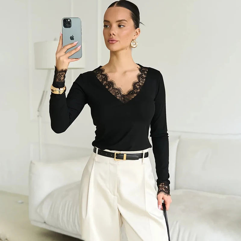 Tornova V neck Lace T shirt Top Women Sexy Navel Exposed Pullover Fashion Splice Hot Girl Club Party Top Autumn New Lady T shirt | 0