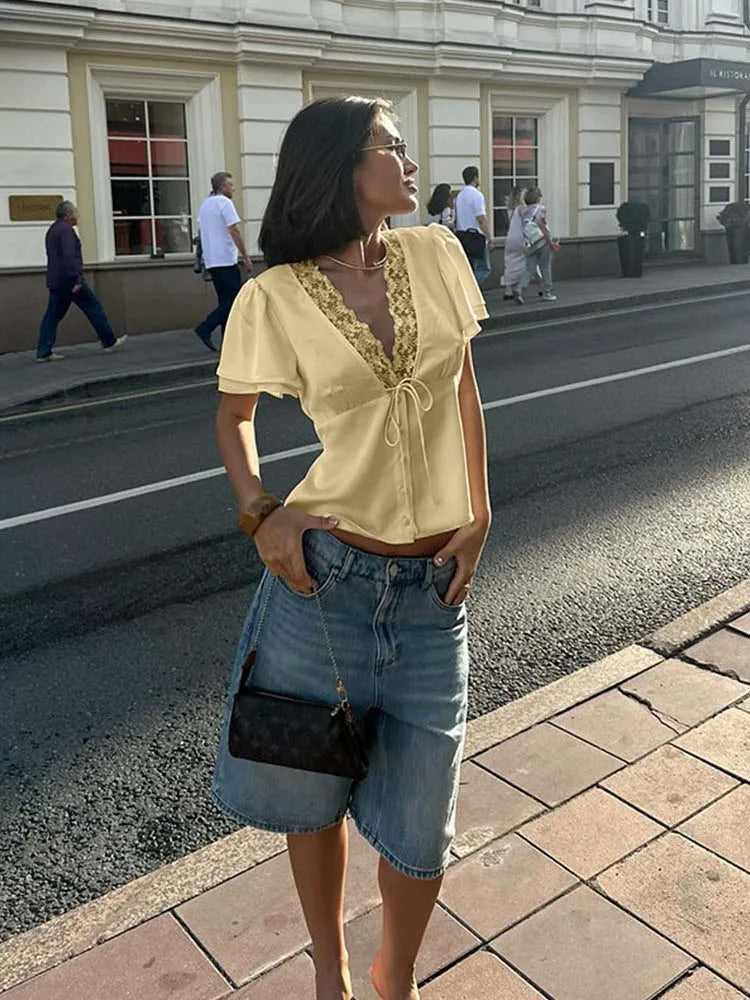 CNYISHE Lace Patchwork Solid Short Sleeve Tops for Women V Neck Sheath Fashion Tees Female Sexy Club T-shirts Elegant Casual | 4