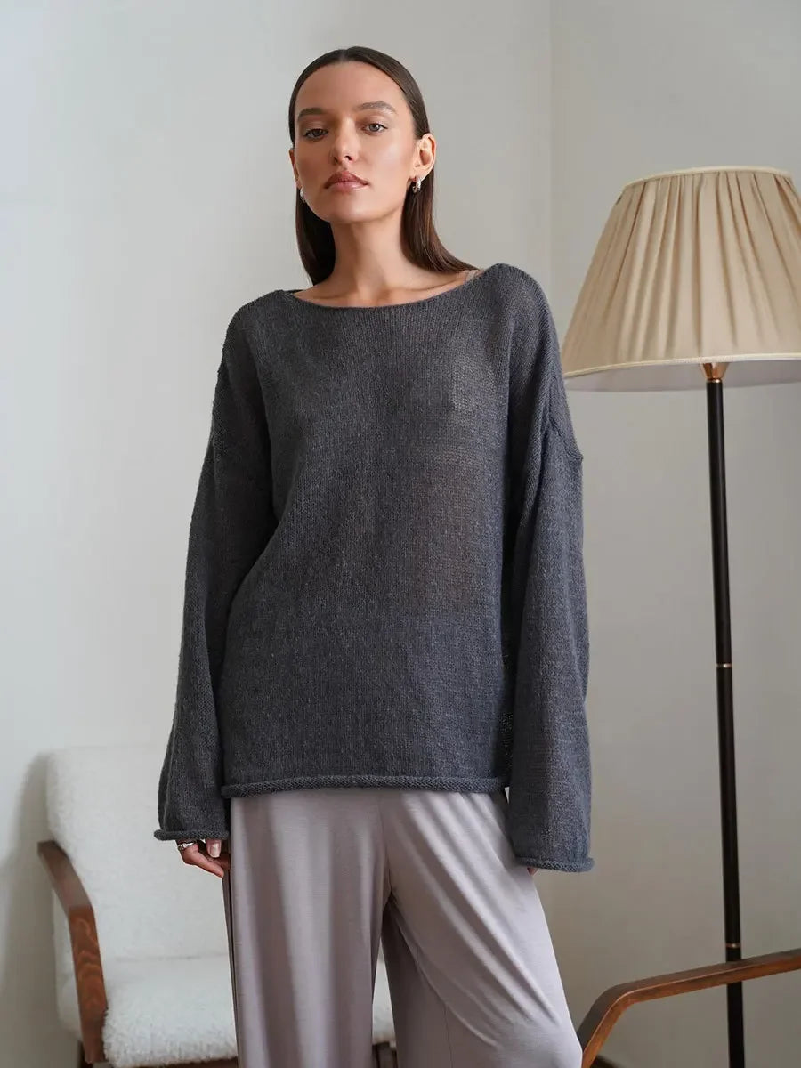 Talenza Hollow Knitted Sweater Pullover Women's Solid See-through O-Neck Long Sleeve Knitted T-Shirt Loose Casual Pullover 2025 | Color:Dark Gray
