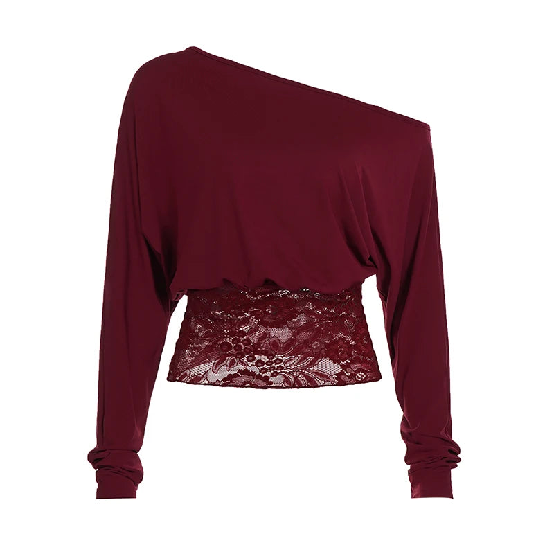Elegant Patchwork Lace T-Shirt See Through Slim-Fitting Crew Neck Off-Shoulder Long Sleeve Tees Women 2025 Autumn Winter Fashion | Color:Claret