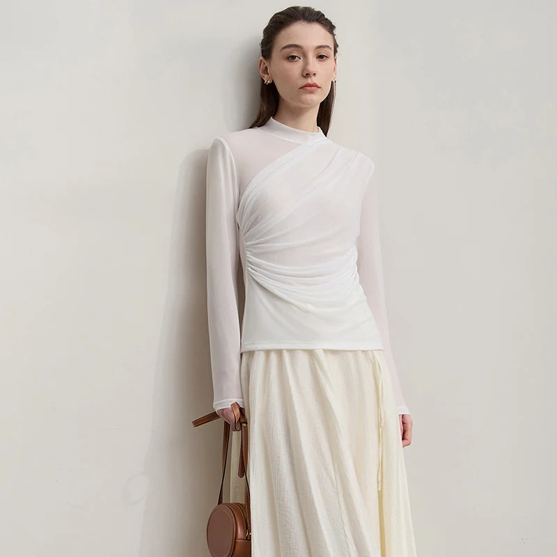 AMII T Shirts Women 2025 Autumn New O-Neck Slim Versatile Lady Knitted Tops Long Sleeve Sexy See-through Mesh T-shirt 12543162 | 3