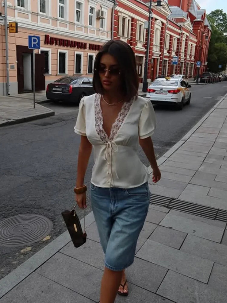 CNYISHE Lace Patchwork Solid Short Sleeve Tops for Women V Neck Sheath Fashion Tees Female Sexy Club T-shirts Elegant Casual | 1