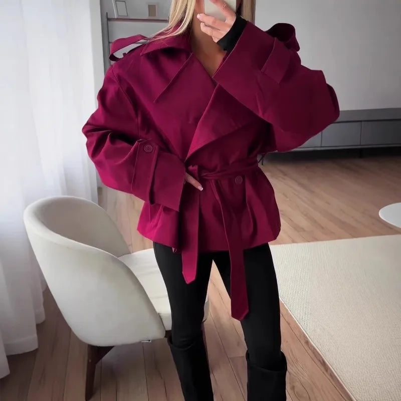 F New Fashion Lace up Cropped Trench Coat Women Lapel Long Sleeves Wide Shoulder Windbreaker Jacket Fall Commuting Daily Jackets | 4