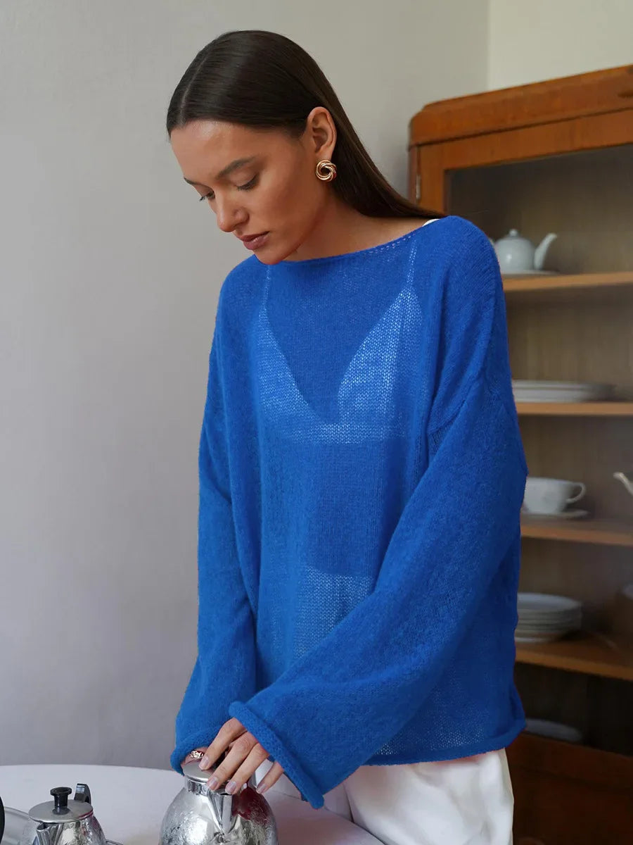 Talenza Hollow Knitted Sweater Pullover Women's Solid See-through O-Neck Long Sleeve Knitted T-Shirt Loose Casual Pullover 2025 | Color:Blue