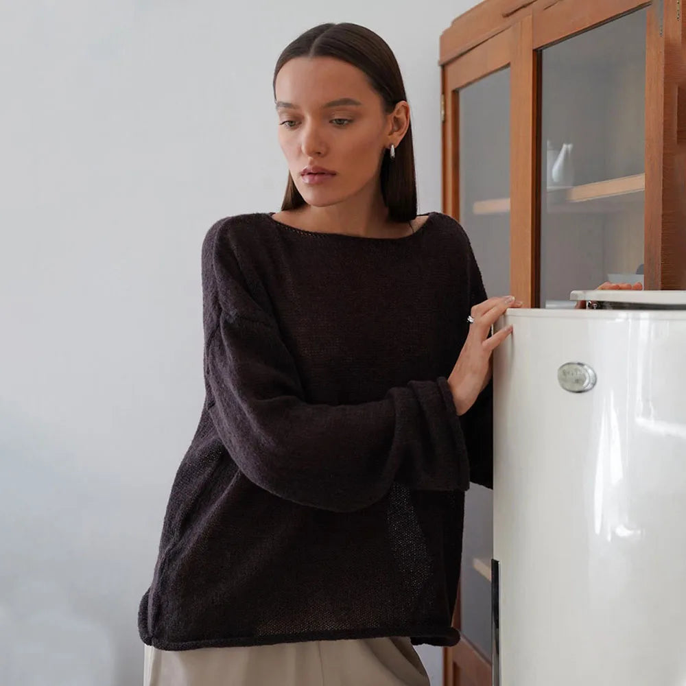 Talenza Hollow Knitted Sweater Pullover Women's Solid See-through O-Neck Long Sleeve Knitted T-Shirt Loose Casual Pullover 2025 | 2