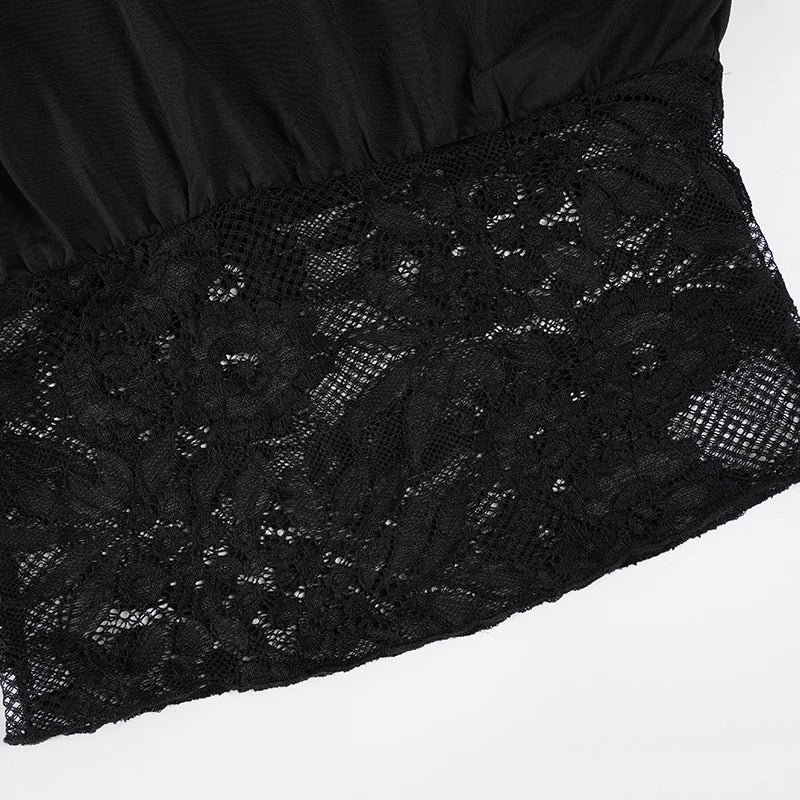 Elegant Patchwork Lace T-Shirt See Through Slim-Fitting Crew Neck Off-Shoulder Long Sleeve Tees Women 2025 Autumn Winter Fashion | 4