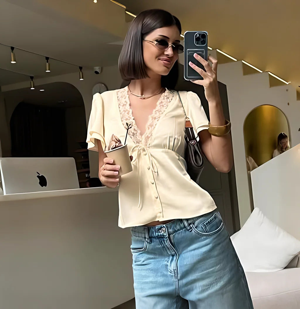 Tuularose Elegant Lace T-Shirt Female Sexy V-Neck Lace Patchwork Lace-up Short Top Summer Fashion Luxury Party Look Top Women | 2