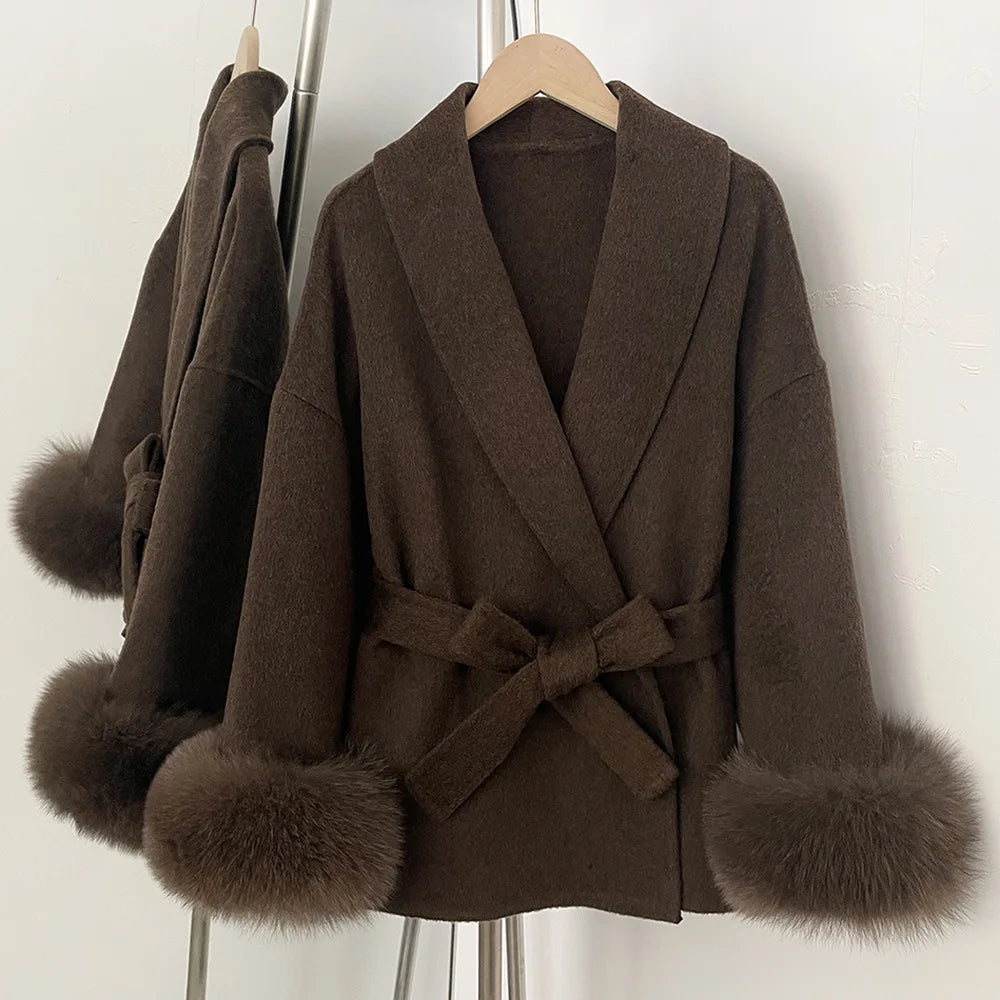 DFDG Short Lace Up Lapel Cashmere Woolen Coat For Women's Fashion Temperament 2024 Autumn And Winter New Collection | Color:Brown