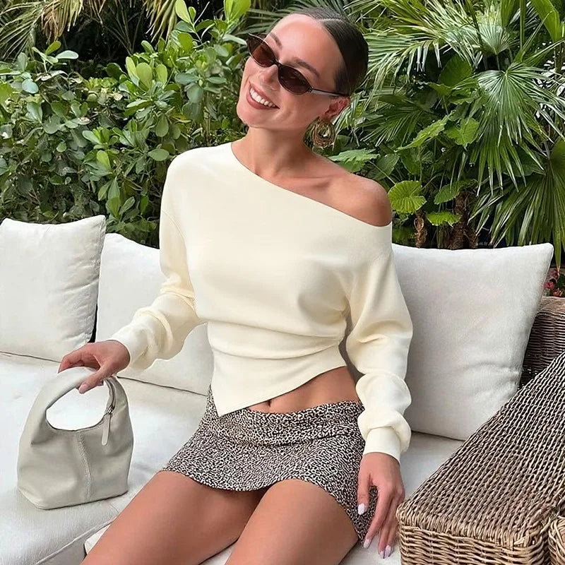 Talenza Women Casual Top Fashion Slim Slit Long Sleeve Pullover Top Sexy Strapless Pleated New Party Looks Top Female Streetwear | 2