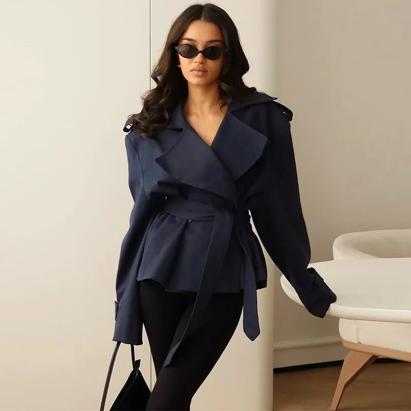 F New Fashion Lace up Cropped Trench Coat Women Lapel Long Sleeves Wide Shoulder Windbreaker Jacket Fall Commuting Daily Jackets | Color:Navy