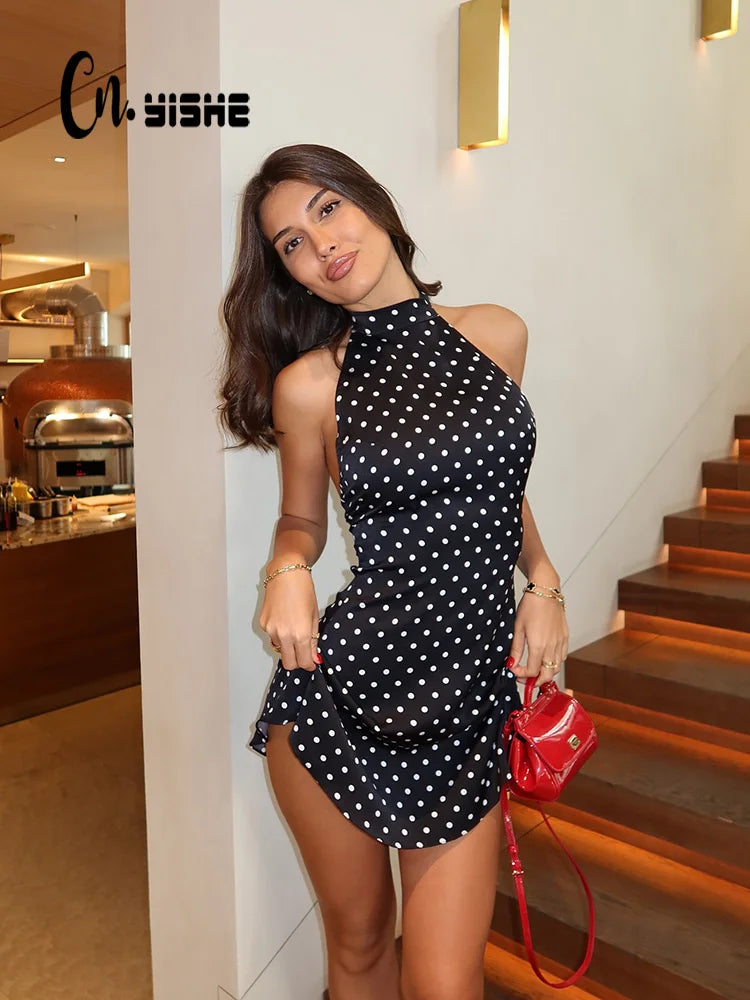CNYISHE Dot Prints Halter Backless Sleeveless Elegant Party Outfits Women Dresses Summer Sheath Fashion Female Bodycon Trendy | 0