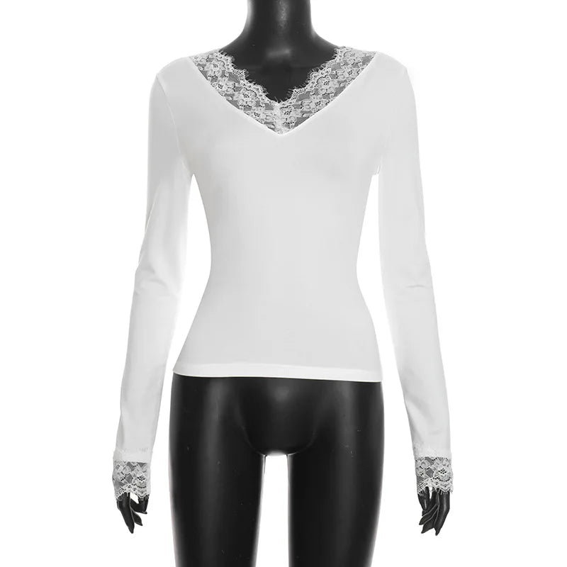 Tornova V neck Lace T shirt Top Women Sexy Navel Exposed Pullover Fashion Splice Hot Girl Club Party Top Autumn New Lady T shirt | Color:White