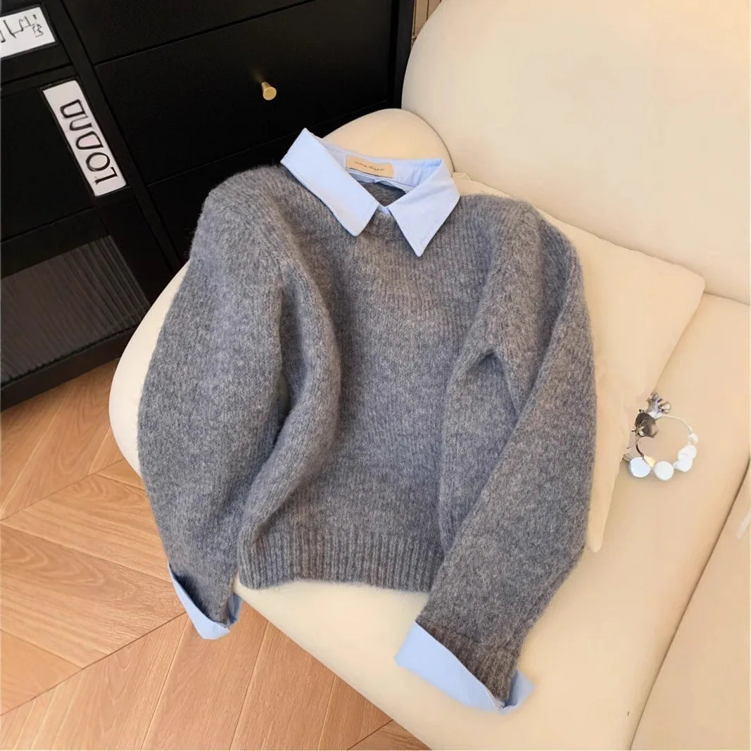 Fake Two Shirts Collar Sweater Women's Autumn Outfit New Lazy Linterior Contrasting Color Gray Knit Sweater Top With Flip Collar | 2