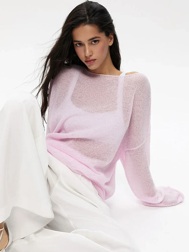 Talenza Hollow Knitted Sweater Pullover Women's Solid See-through O-Neck Long Sleeve Knitted T-Shirt Loose Casual Pullover 2025 | Color:Pink