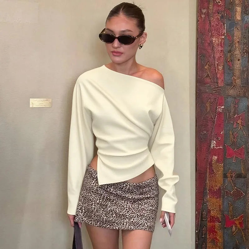 Talenza Women Casual Top Fashion Slim Slit Long Sleeve Pullover Top Sexy Strapless Pleated New Party Looks Top Female Streetwear | 0