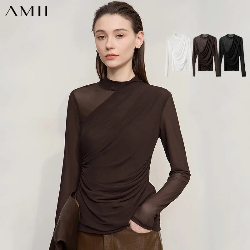 AMII T Shirts Women 2025 Autumn New O-Neck Slim Versatile Lady Knitted Tops Long Sleeve Sexy See-through Mesh T-shirt 12543162 | 0