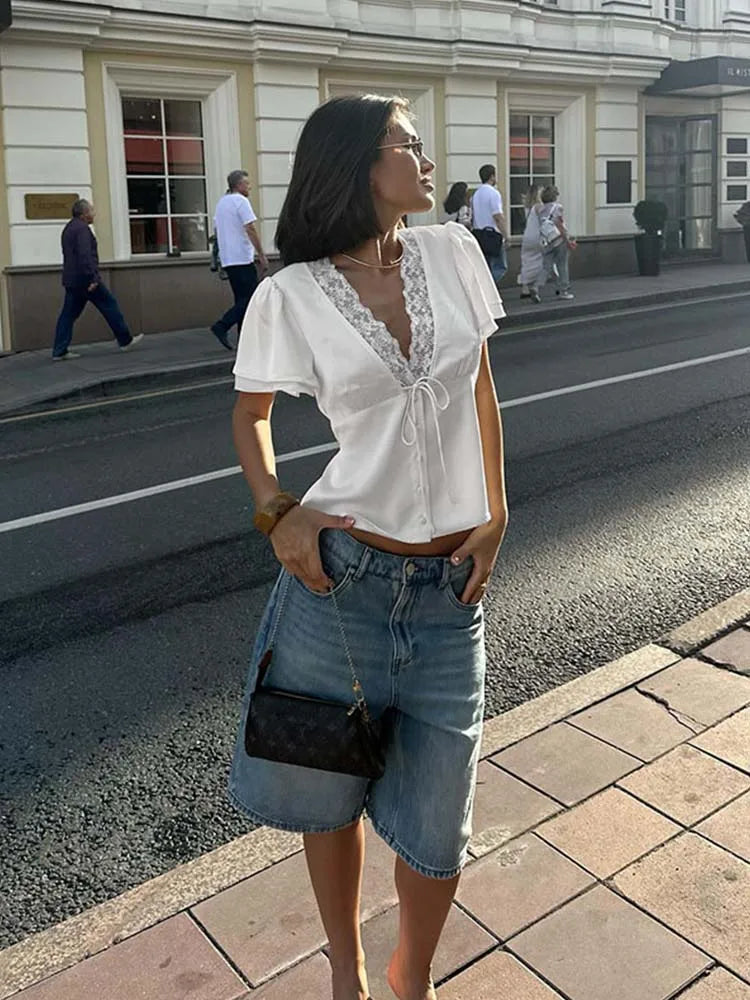 CNYISHE Lace Patchwork Solid Short Sleeve Tops for Women V Neck Sheath Fashion Tees Female Sexy Club T-shirts Elegant Casual | Color:White