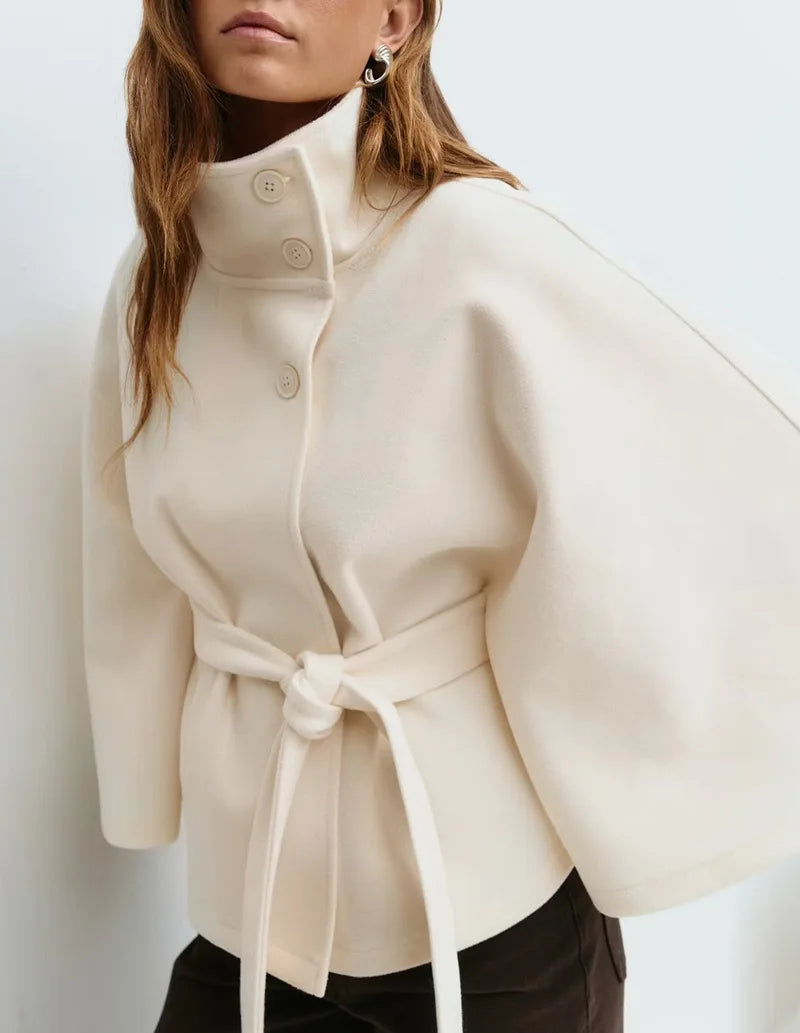 Casual Y2K Coats Women's Autumn Winter New Fashion Solid Color Cloak Stand Collar Button Belt Windbreaker Jacket Women Clothes | Color:WHITE