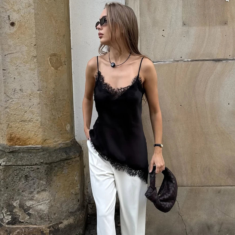 Tuularose Sexy Lace Tank Top Women Solid Lace Patchwork Asymmetrical Camis Top Summer Streetwear Party Outfit Vacation Women Top | 2