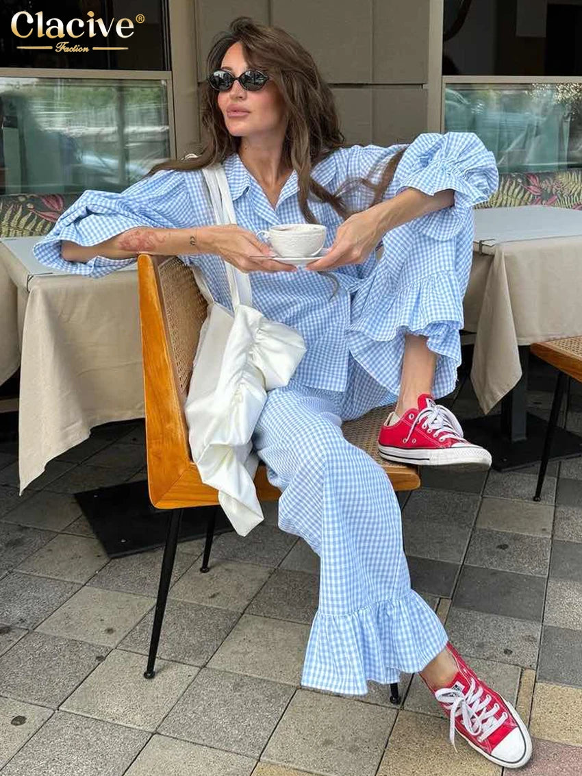 Clacive Fashion Loose Plaid Cotton Women's 3 Pieces Set 2025 Elegant Long Sleeve Shirt With High Wiast Wide Pants Set Female | 2