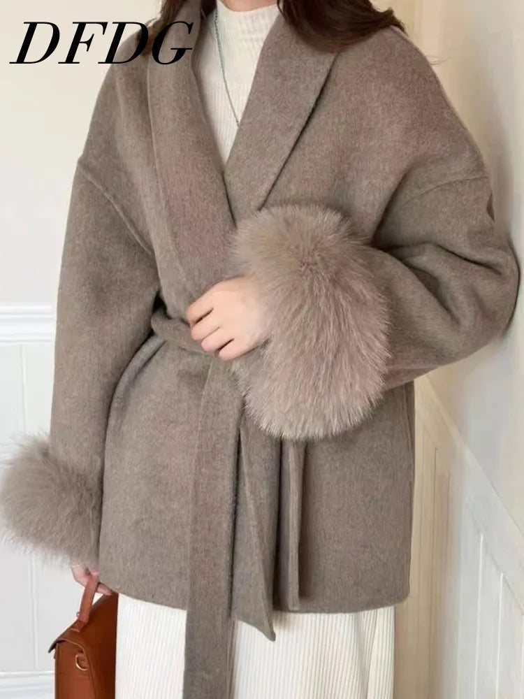 DFDG Short Lace Up Lapel Cashmere Woolen Coat For Women's Fashion Temperament 2024 Autumn And Winter New Collection | 0