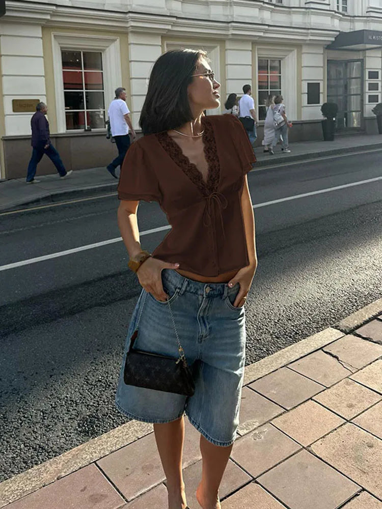 CNYISHE Lace Patchwork Solid Short Sleeve Tops for Women V Neck Sheath Fashion Tees Female Sexy Club T-shirts Elegant Casual | 2