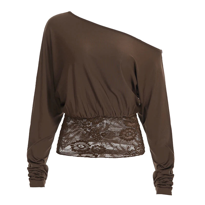 Elegant Patchwork Lace T-Shirt See Through Slim-Fitting Crew Neck Off-Shoulder Long Sleeve Tees Women 2025 Autumn Winter Fashion | Color:Brown