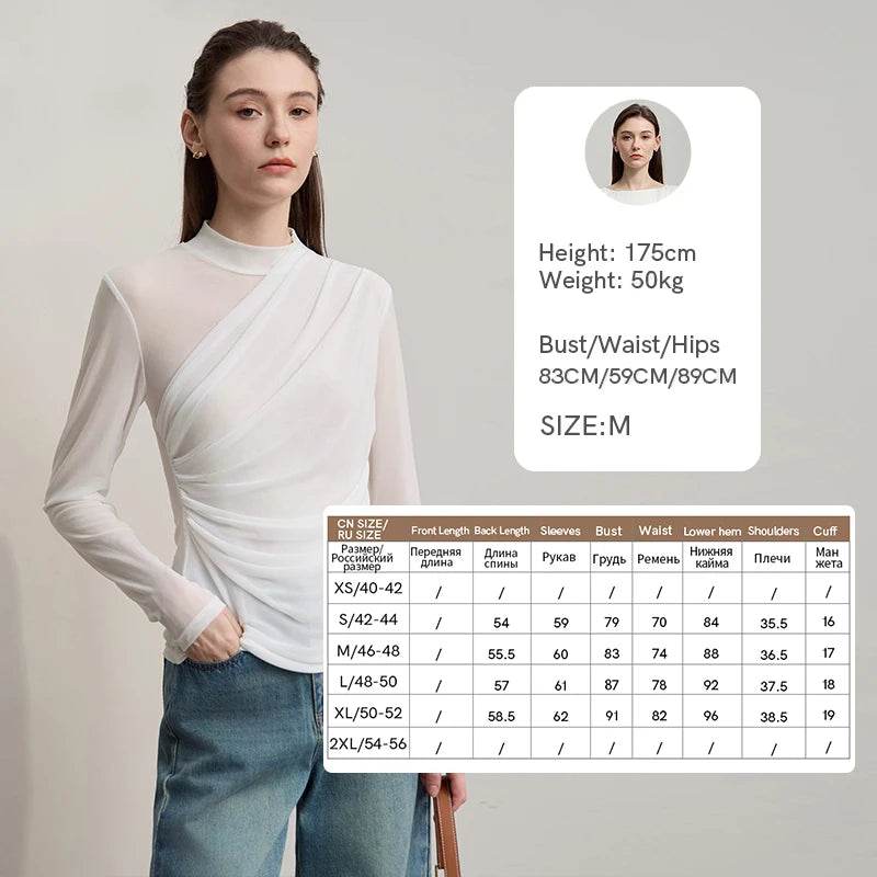 AMII T Shirts Women 2025 Autumn New O-Neck Slim Versatile Lady Knitted Tops Long Sleeve Sexy See-through Mesh T-shirt 12543162 | Color:Beige T-shirt