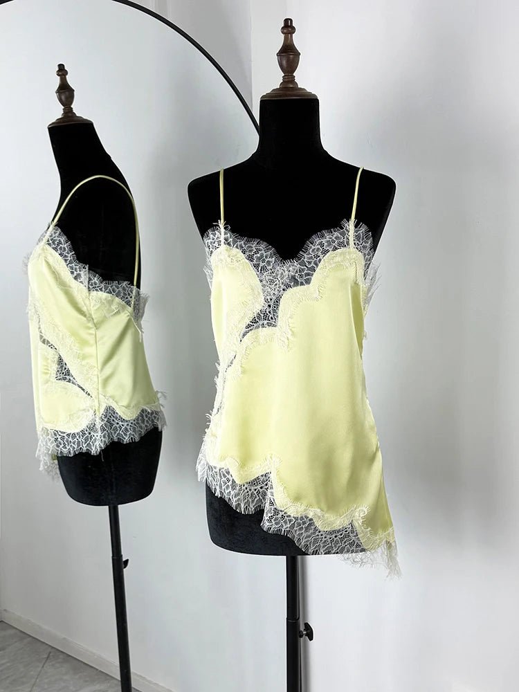 Tuularose Sexy Lace Tank Top Women Solid Lace Patchwork Asymmetrical Camis Top Summer Streetwear Party Outfit Vacation Women Top | Color:Yellow