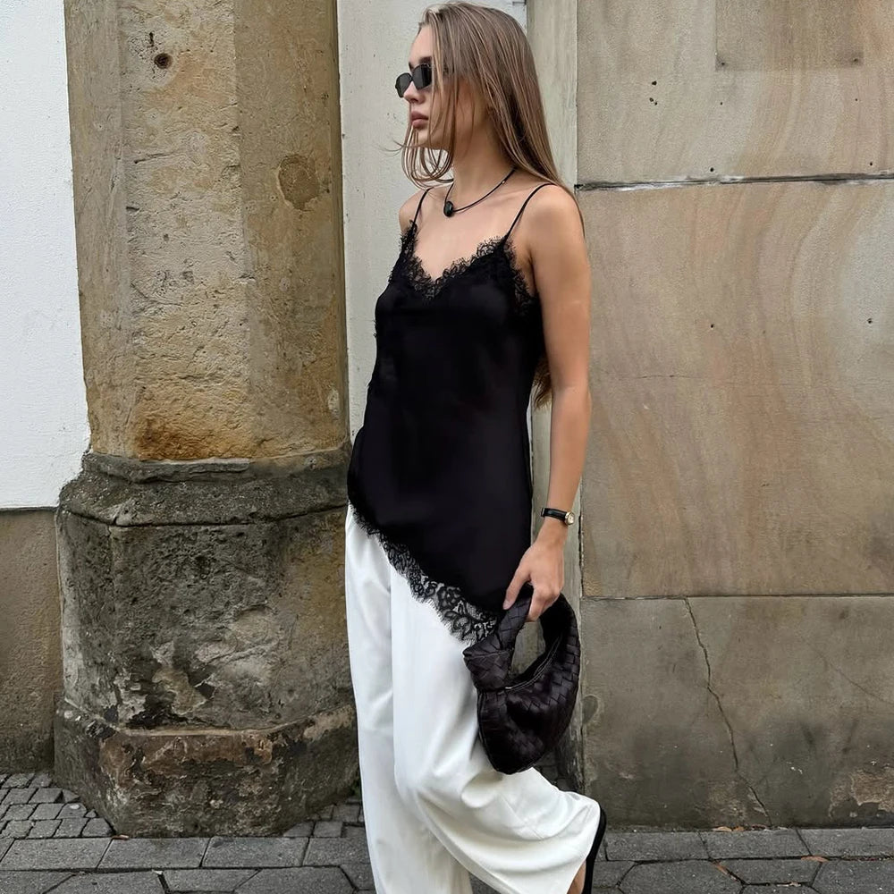 Tuularose Sexy Lace Tank Top Women Solid Lace Patchwork Asymmetrical Camis Top Summer Streetwear Party Outfit Vacation Women Top | 3