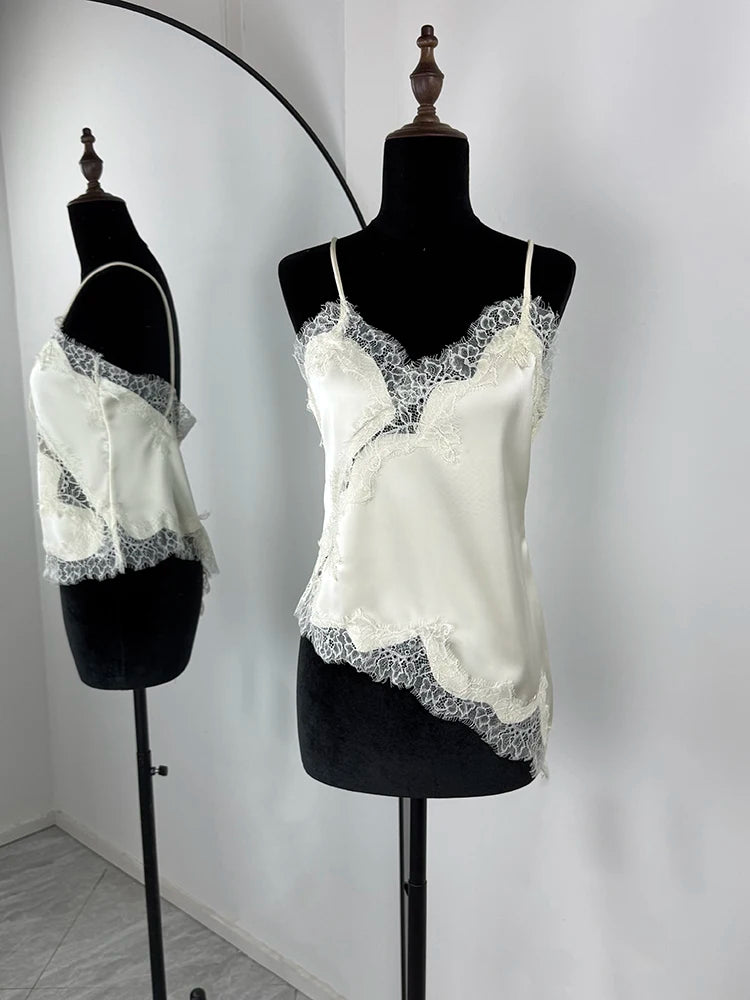 Tuularose Sexy Lace Tank Top Women Solid Lace Patchwork Asymmetrical Camis Top Summer Streetwear Party Outfit Vacation Women Top | Color:WHITE