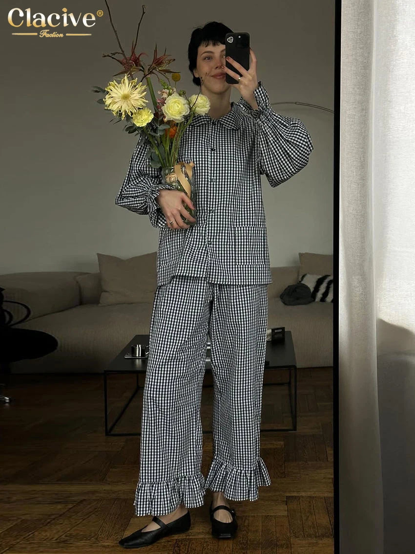 Clacive Fashion Loose Plaid Cotton Women's 3 Pieces Set 2025 Elegant Long Sleeve Shirt With High Wiast Wide Pants Set Female | Color:black