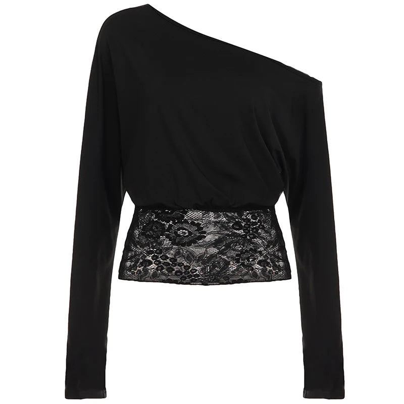 Elegant Patchwork Lace T-Shirt See Through Slim-Fitting Crew Neck Off-Shoulder Long Sleeve Tees Women 2025 Autumn Winter Fashion | Color:black