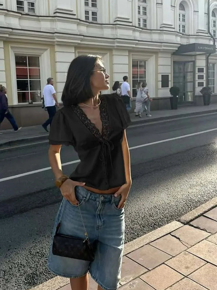 CNYISHE Lace Patchwork Solid Short Sleeve Tops for Women V Neck Sheath Fashion Tees Female Sexy Club T-shirts Elegant Casual | Color:Black