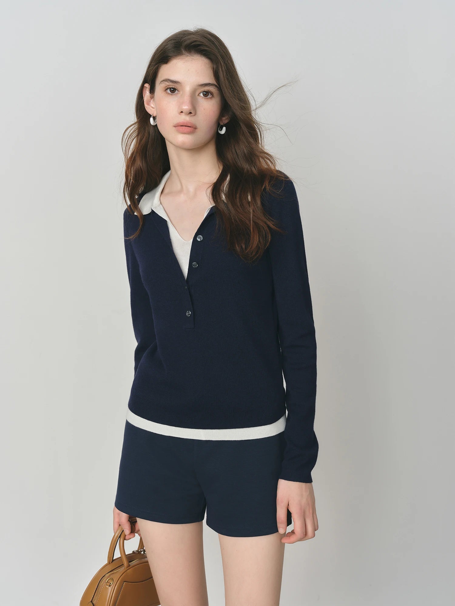 FSLE 2025 New Autumn Women's Knitted Sweater Color Block Barenia Style Fake Two-Pieces Turn Collar Vintage Cozy Cable Knit Top | Color:Navy Blue