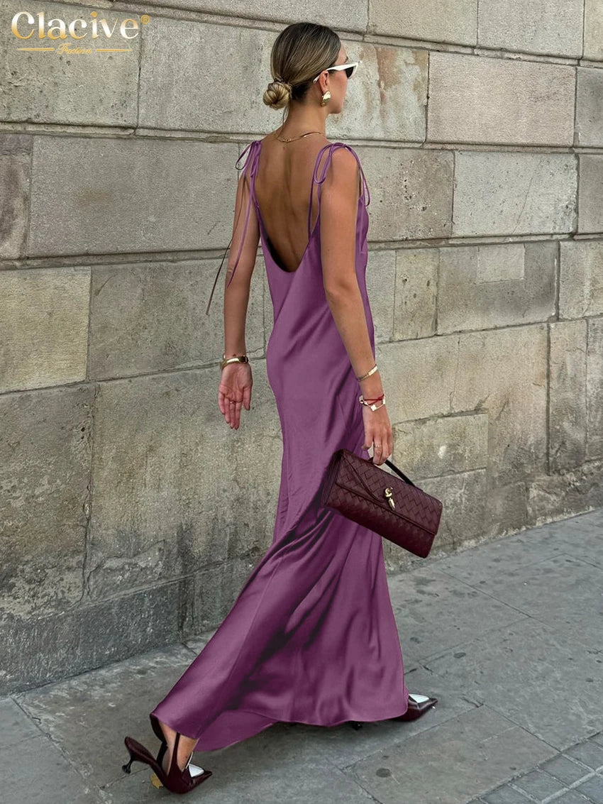 Clacive Fashion Loose Brown Satin Womens Dresses 2025 Summer Strap Sleeveless Floor Length Dress Sexy Backless Female Dress | Color:PURPLE
