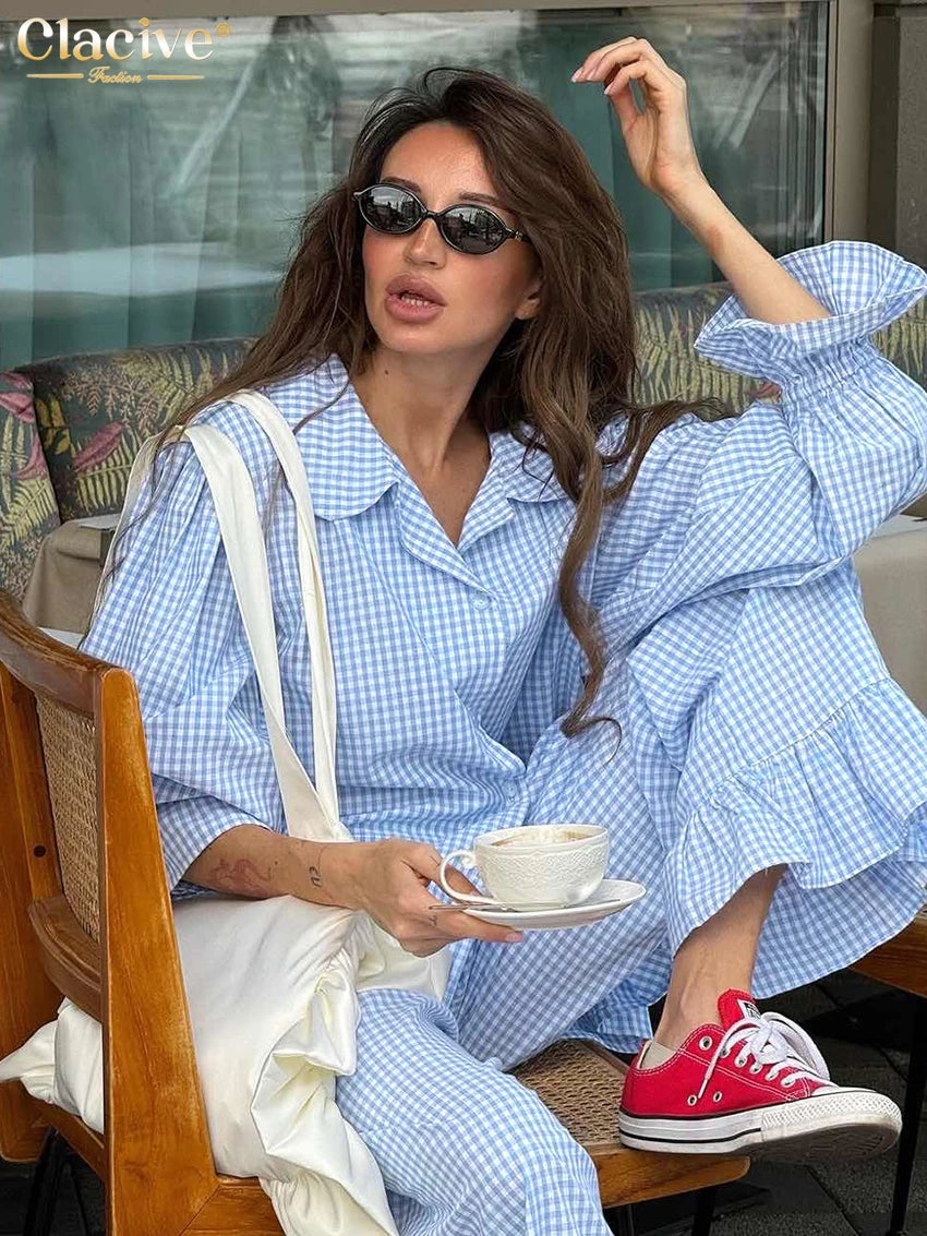 Clacive Fashion Loose Plaid Cotton Women's 3 Pieces Set 2025 Elegant Long Sleeve Shirt With High Wiast Wide Pants Set Female | 3