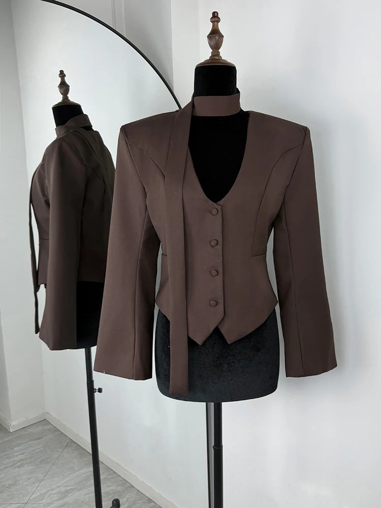 Tuularose Single Breasted Coat Women's V Neck Scarf With Long Sleeve Waist-Cinching Blazer Jacket Lady Casual Slim Commute Coat | Color:Brown